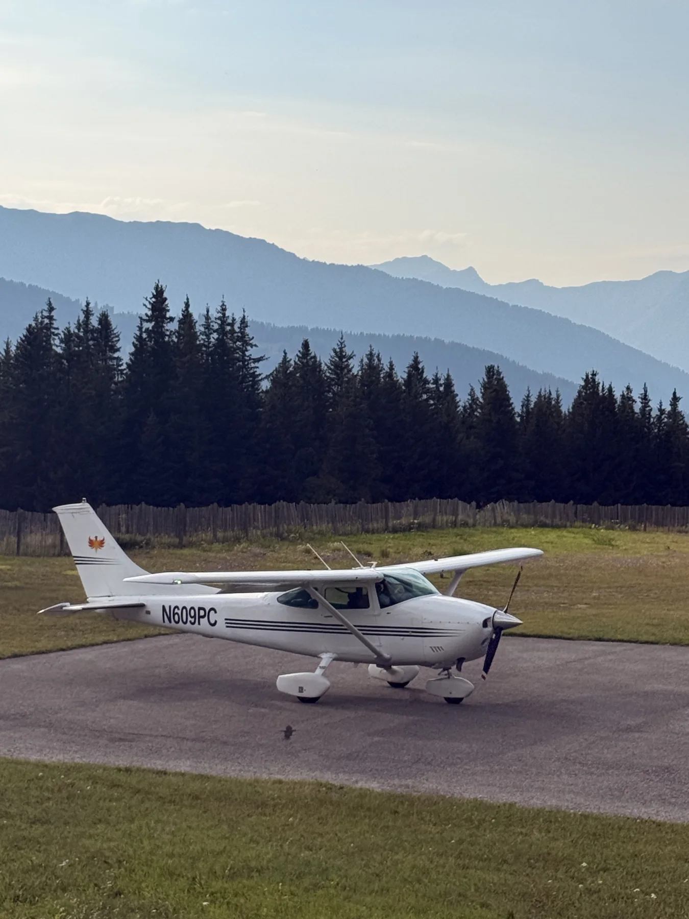Avion Cessna blanc stationné devant des montagnes